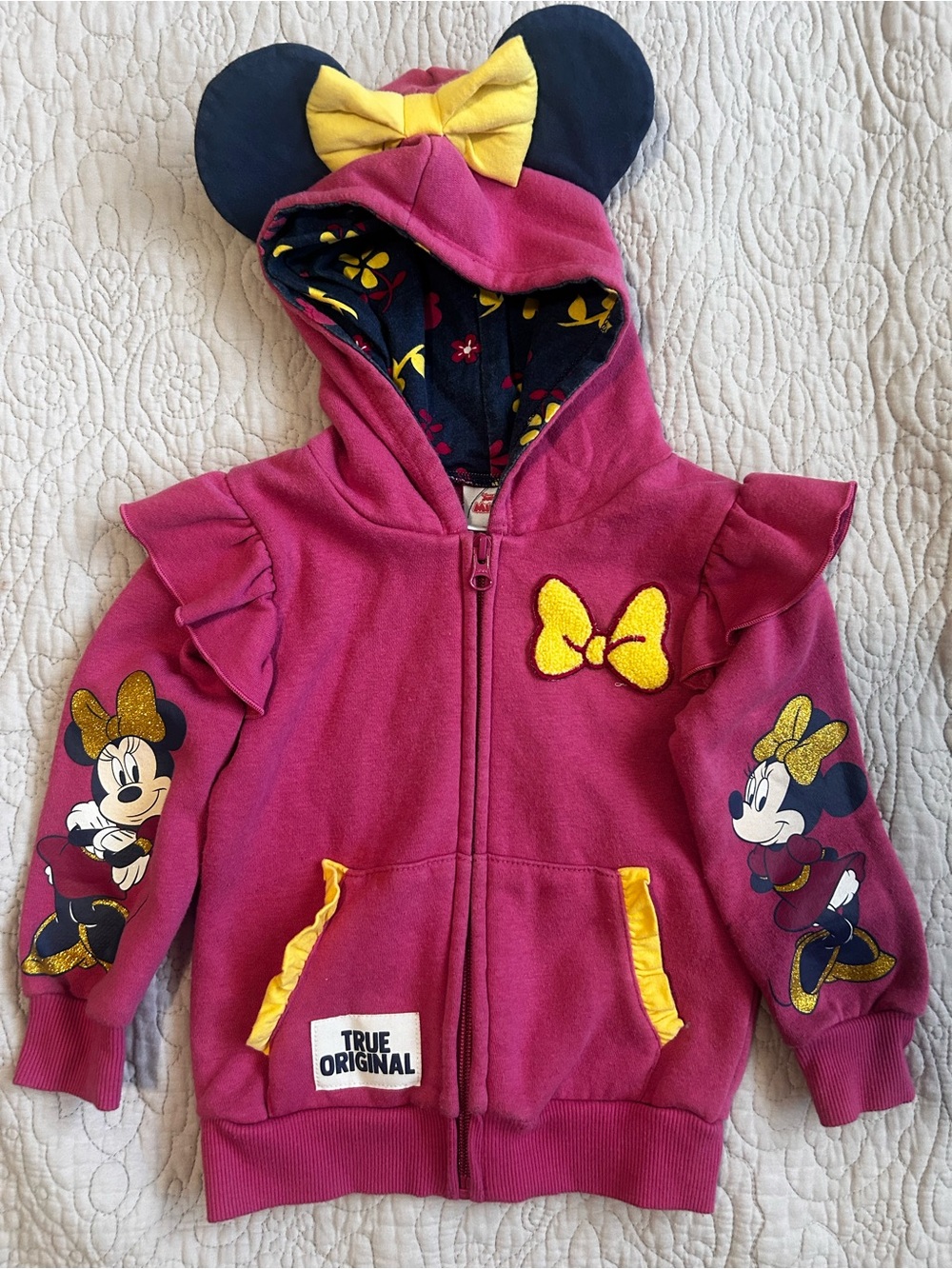 Disney minnie mouse girls 3T pink zip up hoodie ears bow ruffle glitter